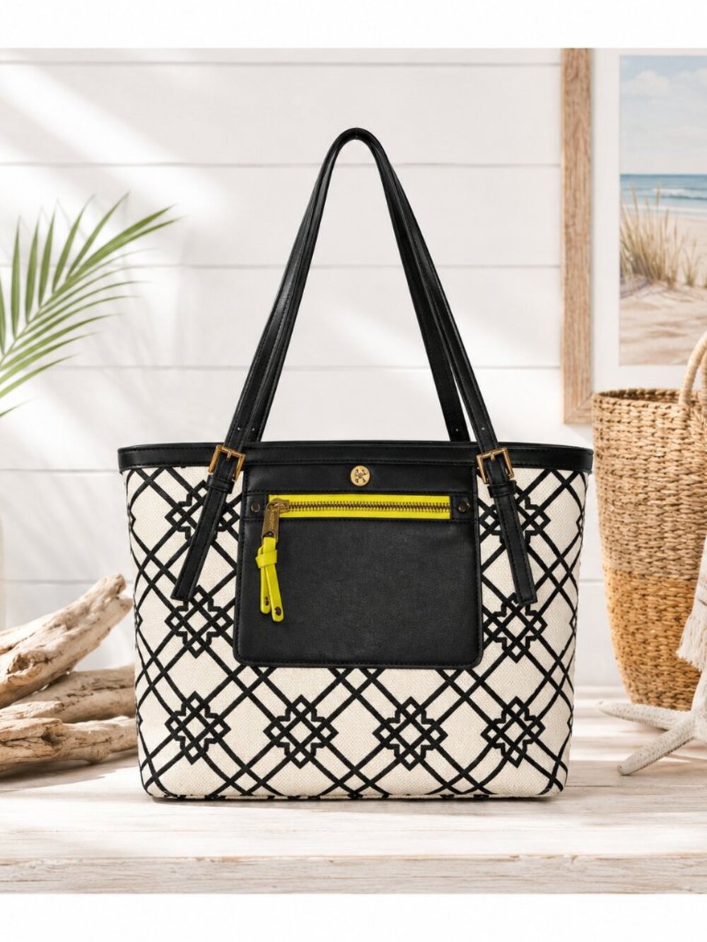 Spartina 449 Linen & Leather Tote Bag Black Geometric Print Coastal Purse 13"